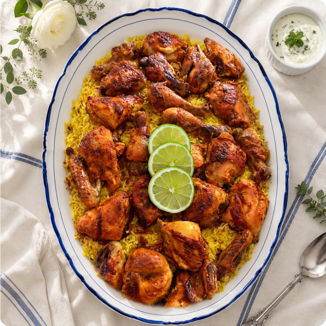 Roast chicken over golden rice, wedding platter